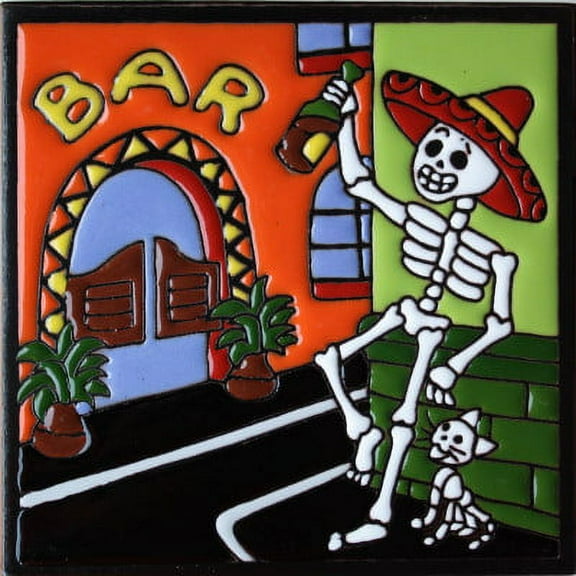 6x6 Happy Hour. Day-Of-The-Dead Clay Tile