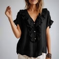 thumbnail image 5 of Craaazy Women Plus Size Tops Loose Fit Solid Color V Neck Ruffle Placket Short Sleeve Cotton T Shirts for Daily Wear Gift, 5 of 9