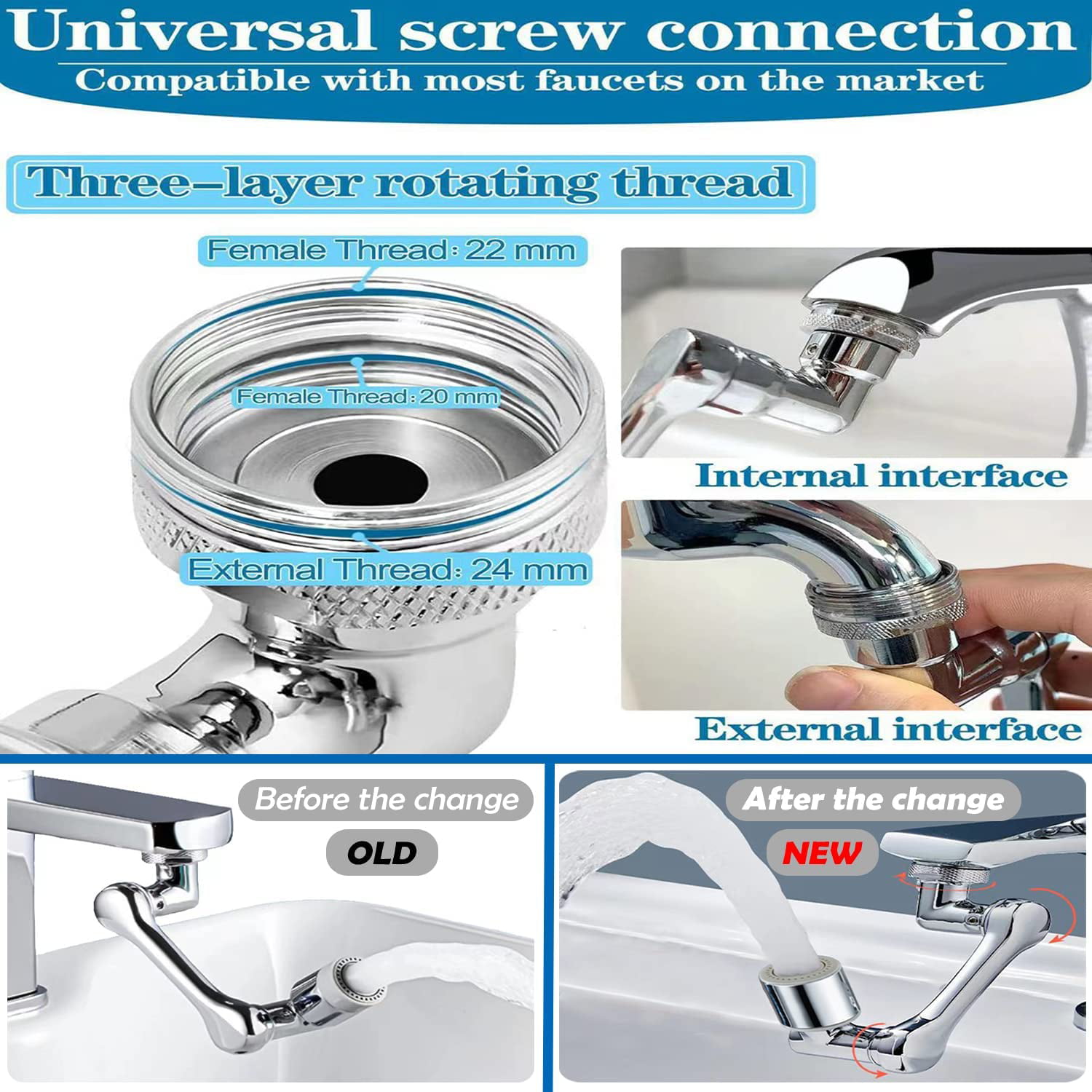Huazhi 720 Degree Swivel Sink Faucet Aerator,Big Angle Spray Aerator Dual  Function Kitchen Faucet Aerator, Bathroom Faucet Mounted for Face Washing