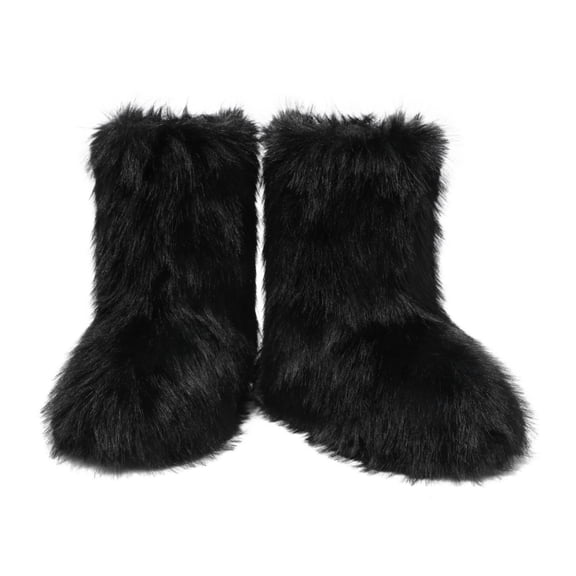 Women Y2K Faux Fur Short Boots Black, Fluffy Furry Warm Snow Boots Comfortable Outdoor Flat Shoes