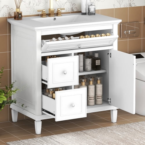30" Bathroom Vanity with Sink, Solid Wood Cabinet with Flip Drawer and Two Drawers, Adjustable Shelf and Ceramic Top for Bathroom, White