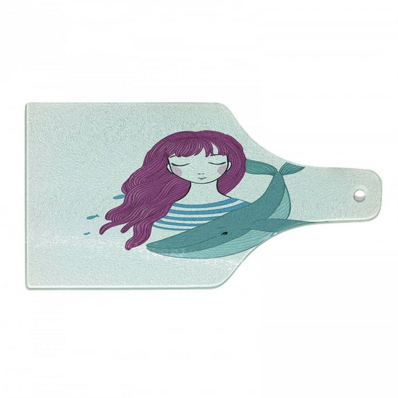 Retro Cutting Board, Illustration of a Teenage Girl with Closed Eyes and a Funny Whale, Decorative Tempered Glass Cutting and Serving Board, Wine Bottle Shape, Turquoise Magenta, by Ambesonne
