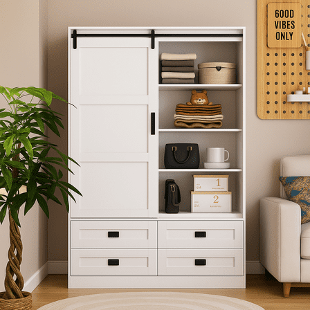 Aukfa Wood Armoire Wardrobe Closet,Clothing Storage Cabinet with Drawers,Hanging Rod & Barn Door,White