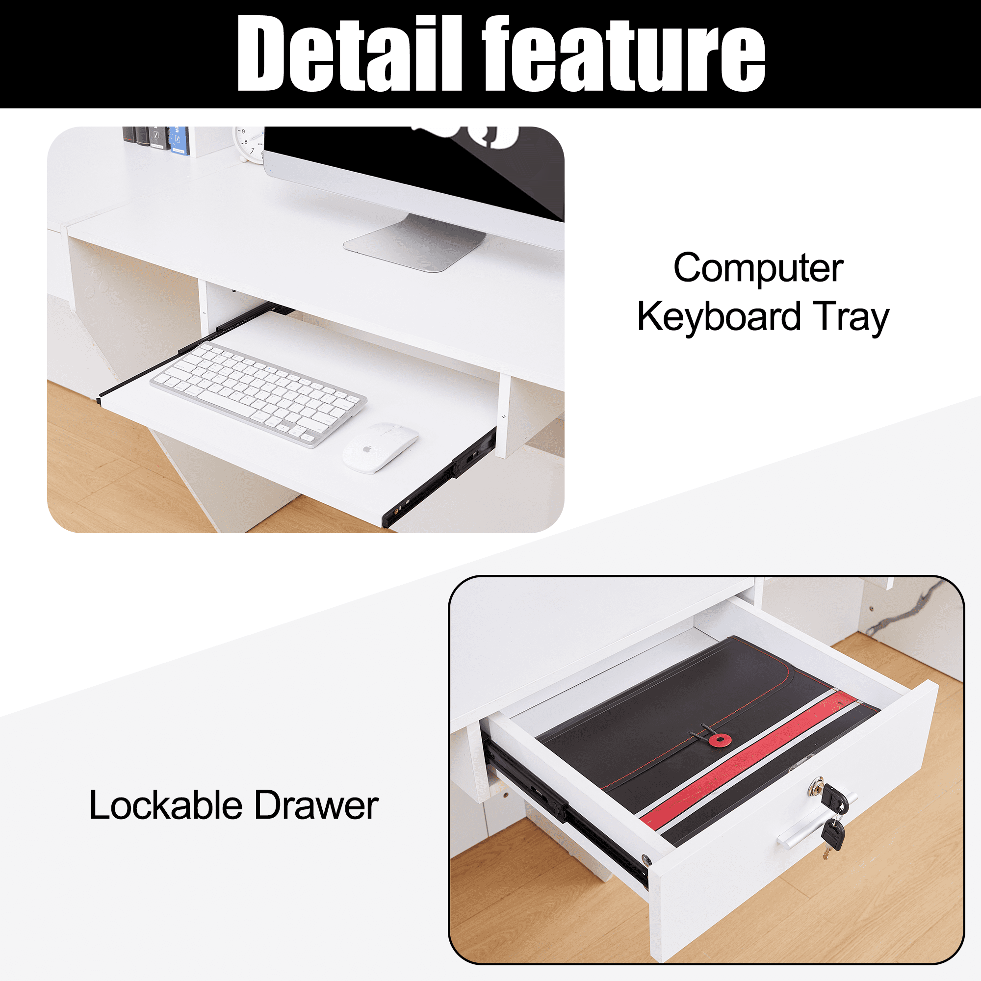 Haooyeah 86.8" Reception Desk with Lockable Drawer, Keyboard Tray, Storage Shelves & Cable Management, Marble Front Counter for Office, Hotel Lobby, Meeting Room