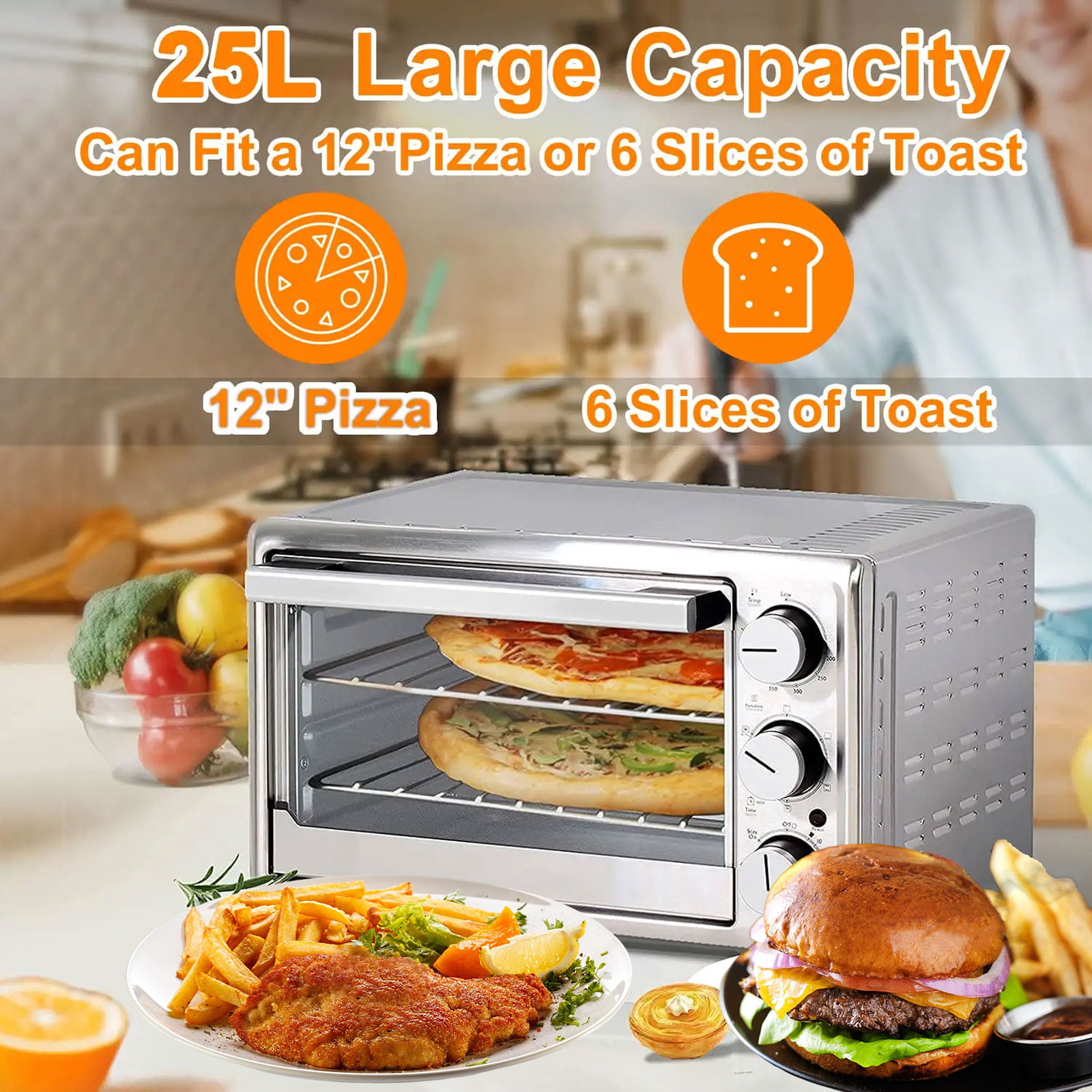  Air Fryer Toaster Oven，Kitchen Commercial Pizza Oven Stainless  Steel Pan, 1450W Stainless Steel Toaster Ovens Countertop Combo with Grill,  Pizza Pan: Home & Kitchen