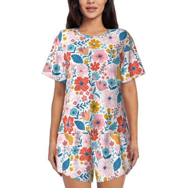 Fotbe Floral Ditsy Conjunto de Pijama Estampado para Mujer, 2 Piezas, Ropa de Dormir con Camiseta de Manga Corta y Shorts Suaves-Small