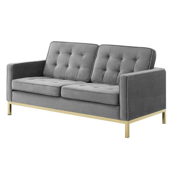 Contemporary Modern Urban Designer Living Room Lounge Club Lobby Loveseat Sofa, Velvet Fabric, Gold Grey Gray