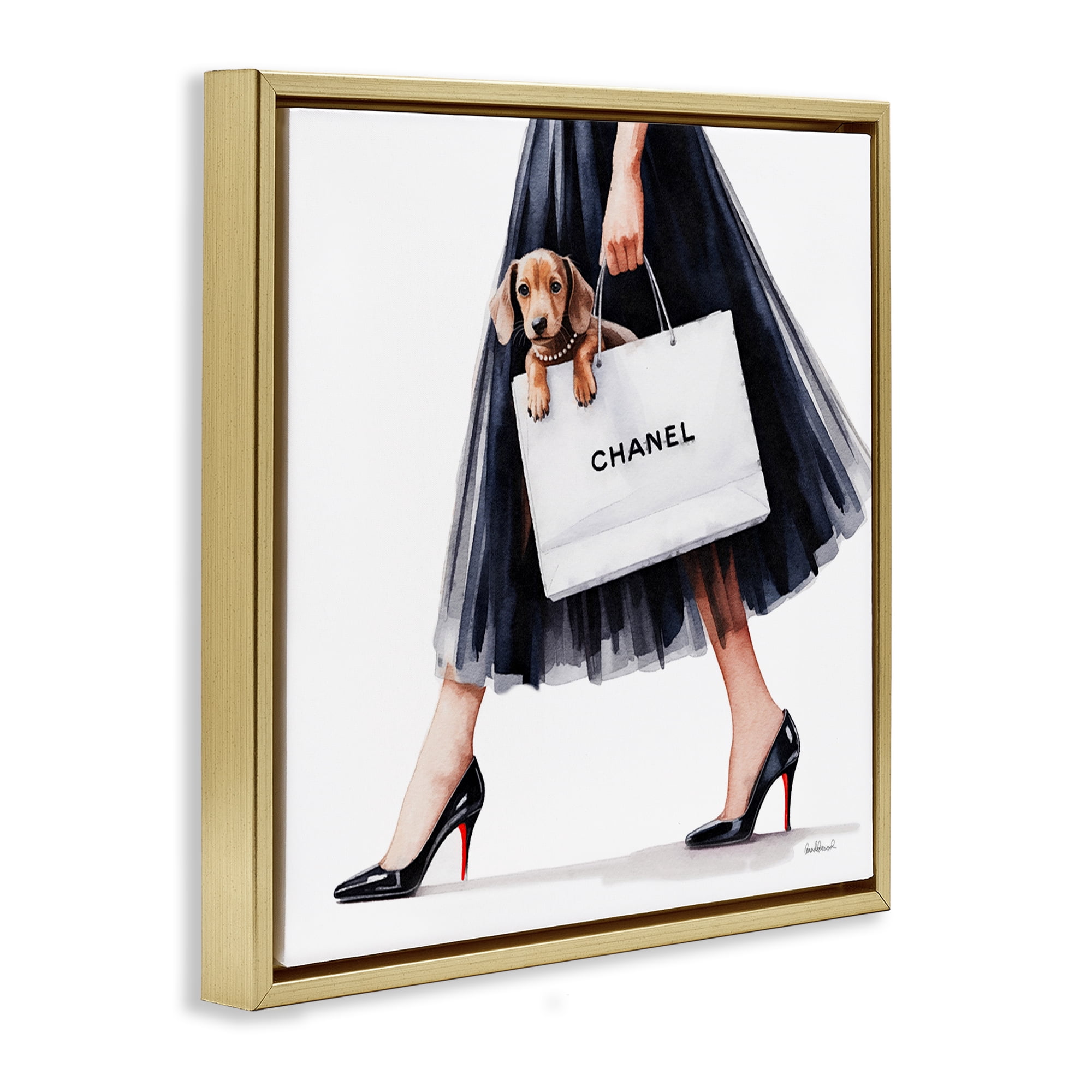 Stupell Industries Elegant Dog & Shopping Bag Gold Framed Floater Canvas Wall Art, design by Amanda Greenwood