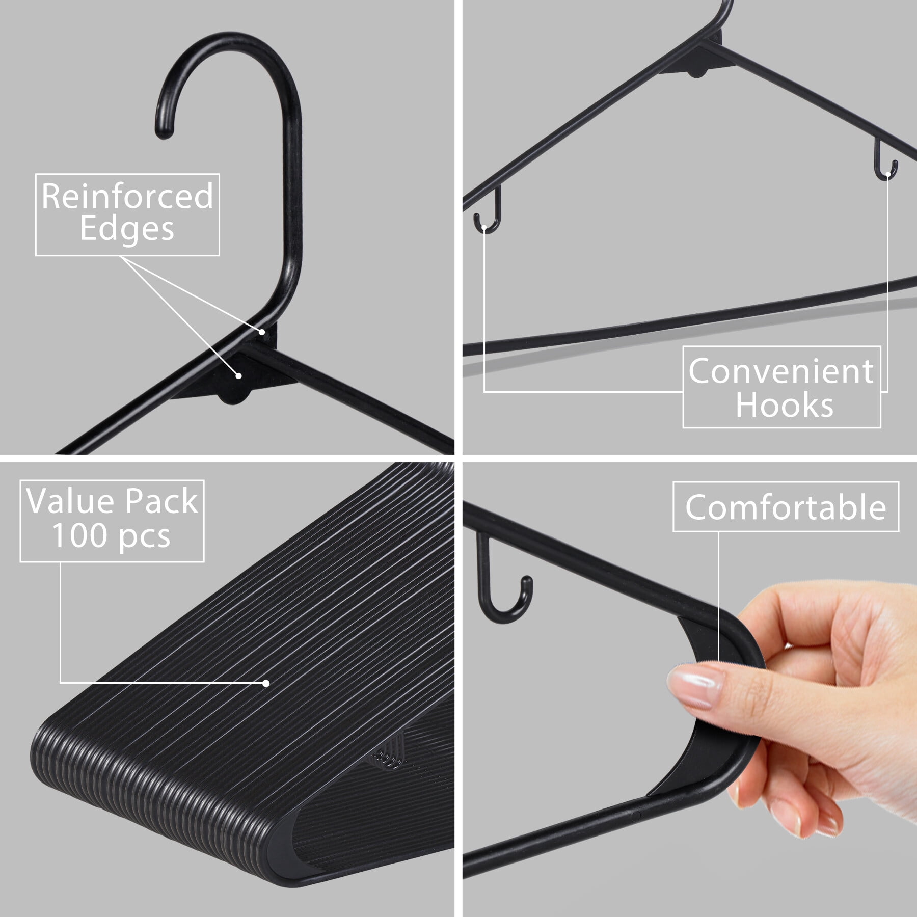 ZENY Clothes Hangers Flocked No-slip Durable Jacket Hangers (100pcs, Black, Plastic)