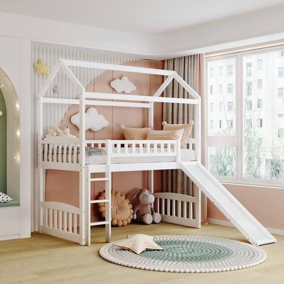 Merax House Loft Bunk Bed Frames with Slide No Box Spring Needed for Teens, girls or Boys