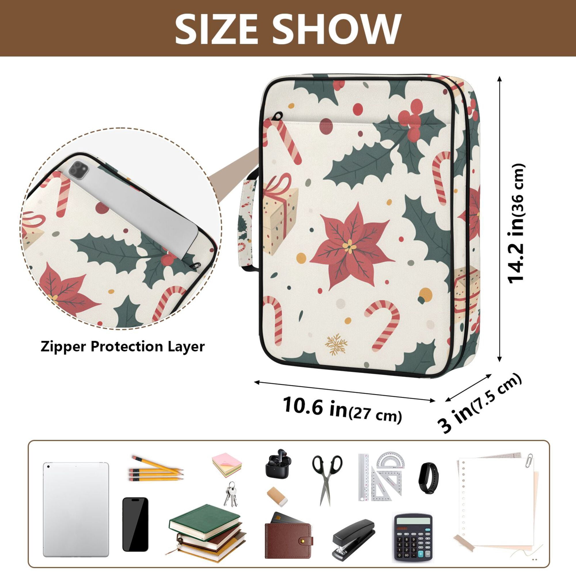 FORMRS Accordion File Folder A4 Size 7-Pocket Expanding Document Organizer Bag with 3 Ring Binder, Beige Christmas Candy Canes