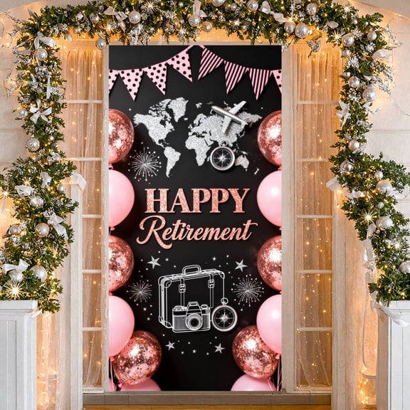 Glittery Pink Happy Retirement Banner Travel-themed Retirement Backdrop Compass Decor World Map Pattern Retirement Display for Retiree Celebration Retirement Party Indoor Photo Shoot