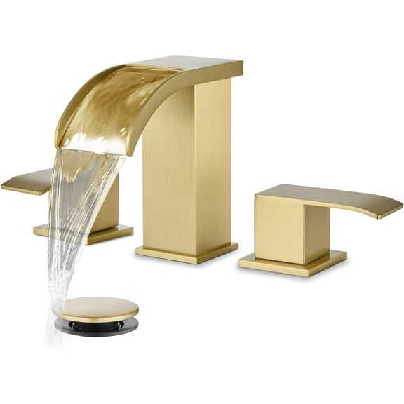 Waterfall 8 inch Widespread Bathroom Faucet Set Bathroom Sink Faucet 3 Hole 2 Handle Vanity Lavatory Deck Mount with Pop Up Drain and Water Supply Lines Square Body Brushed Gold