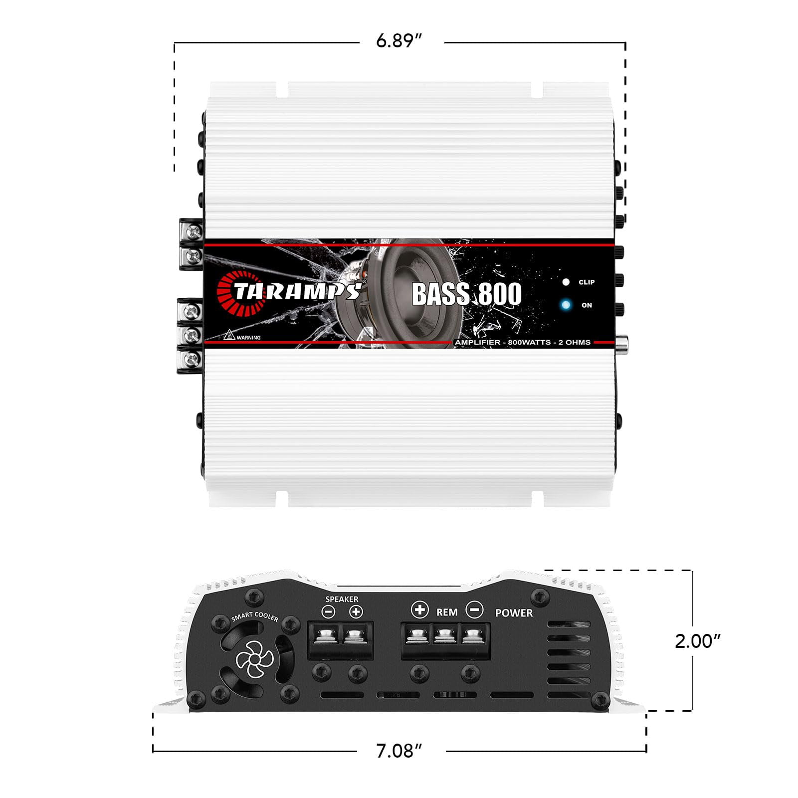 Taramps Bass 800 2 Ohms Monoblock Amplifier 800 Watts Rms 1 Channel 14.4VDC Out Power Full Range, Great for Sub/Bass - Rca/High Level Input, Car Audio