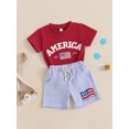 thumbnail image 4 of AceBaby 4th of July Outfit for Boys at 6M-4Y Letter Embroidery Short Sleeve Round Neck T-Shirt and Stripe Shorts 2Pcs Set, 4 of 9
