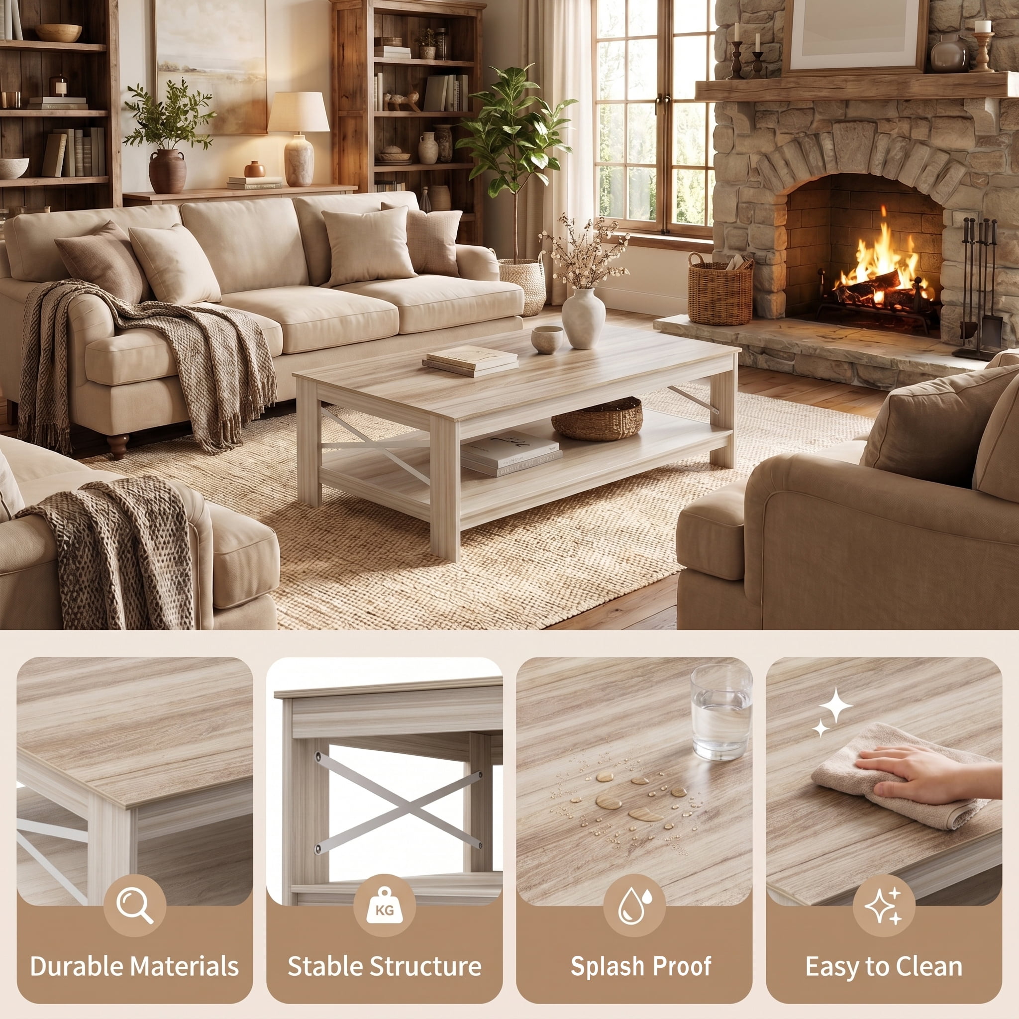 BEAUTYPEAK 40"x22" Coffee Table with Storage Shelves Rectangular Living Room Center Table, Beige