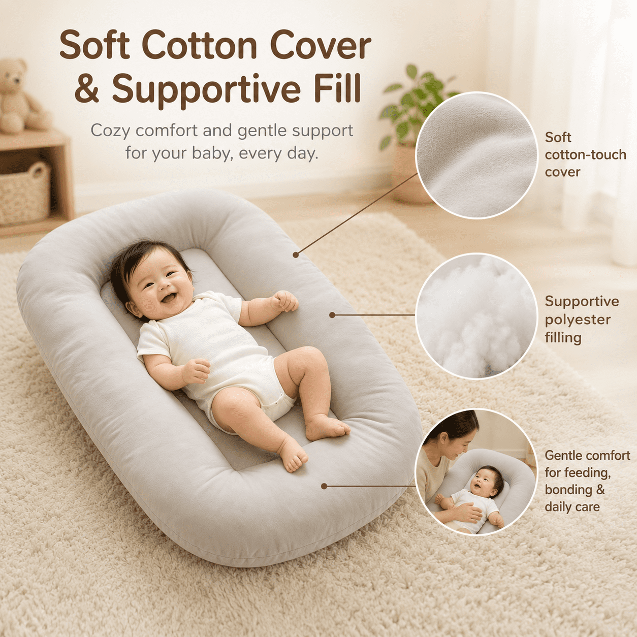 Baby Lounger for Newborn, Soft Care Cushion, Portable Support Pillow, Lightweight Nursery Cushion for Feeding, Bonding and Daily Care(Apricot)