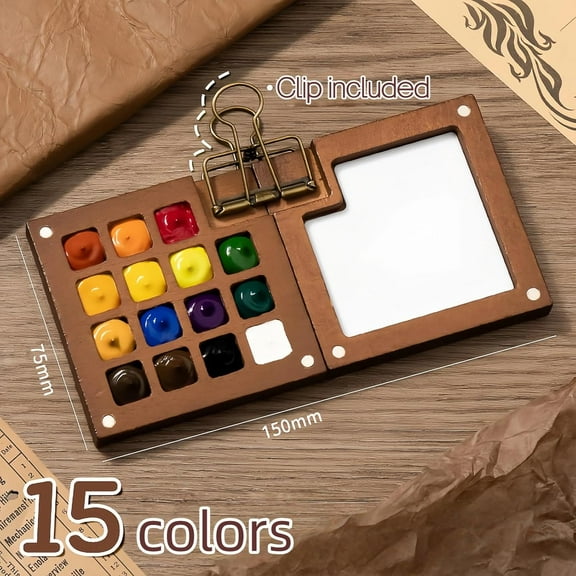 Portable Tobios Watercolor Kit, Tobio Mini Watercolor Set with Picture Book, Pocket Artist Water Color Travel Set with Colours, Wooden Paint Box for Painters Artists Students Beginners (15)