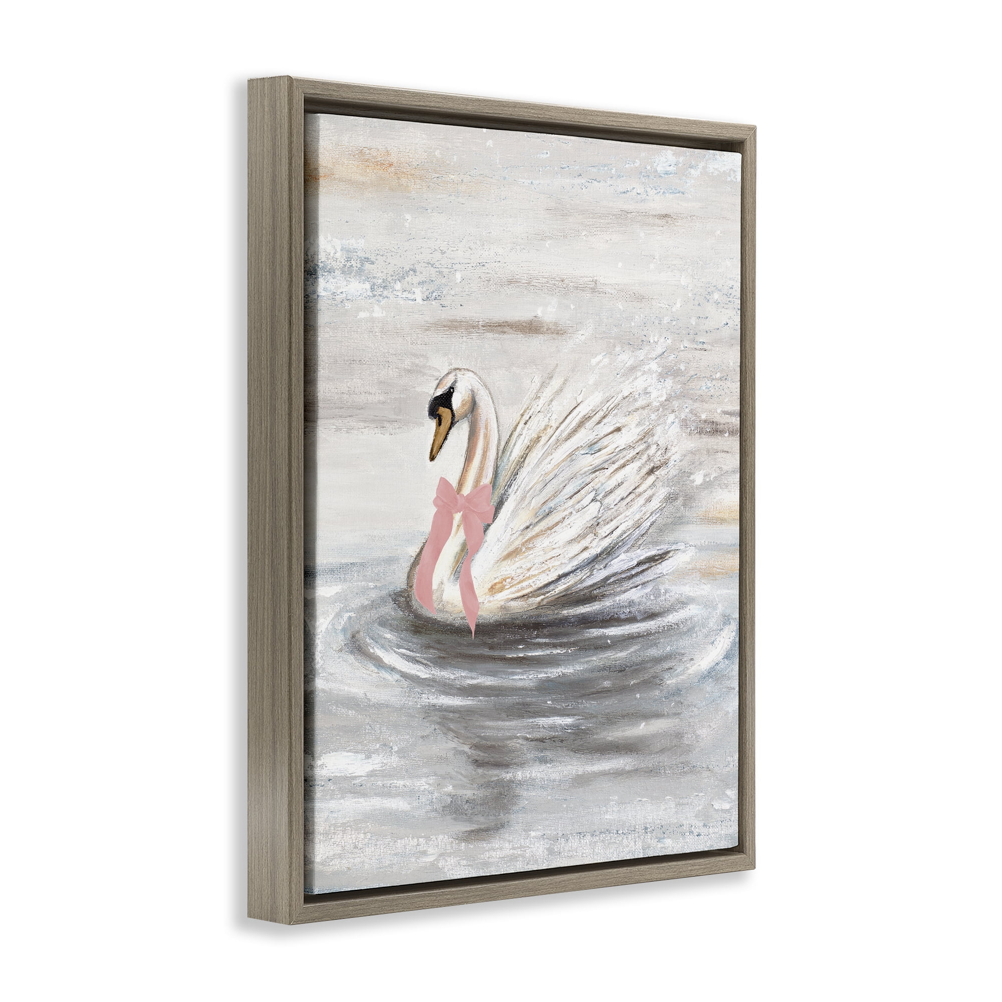 Stupell Industries Swan With Pink Bow & Ripples Brown Framed Floater Canvas Wall Art, design by Patricia Pinto