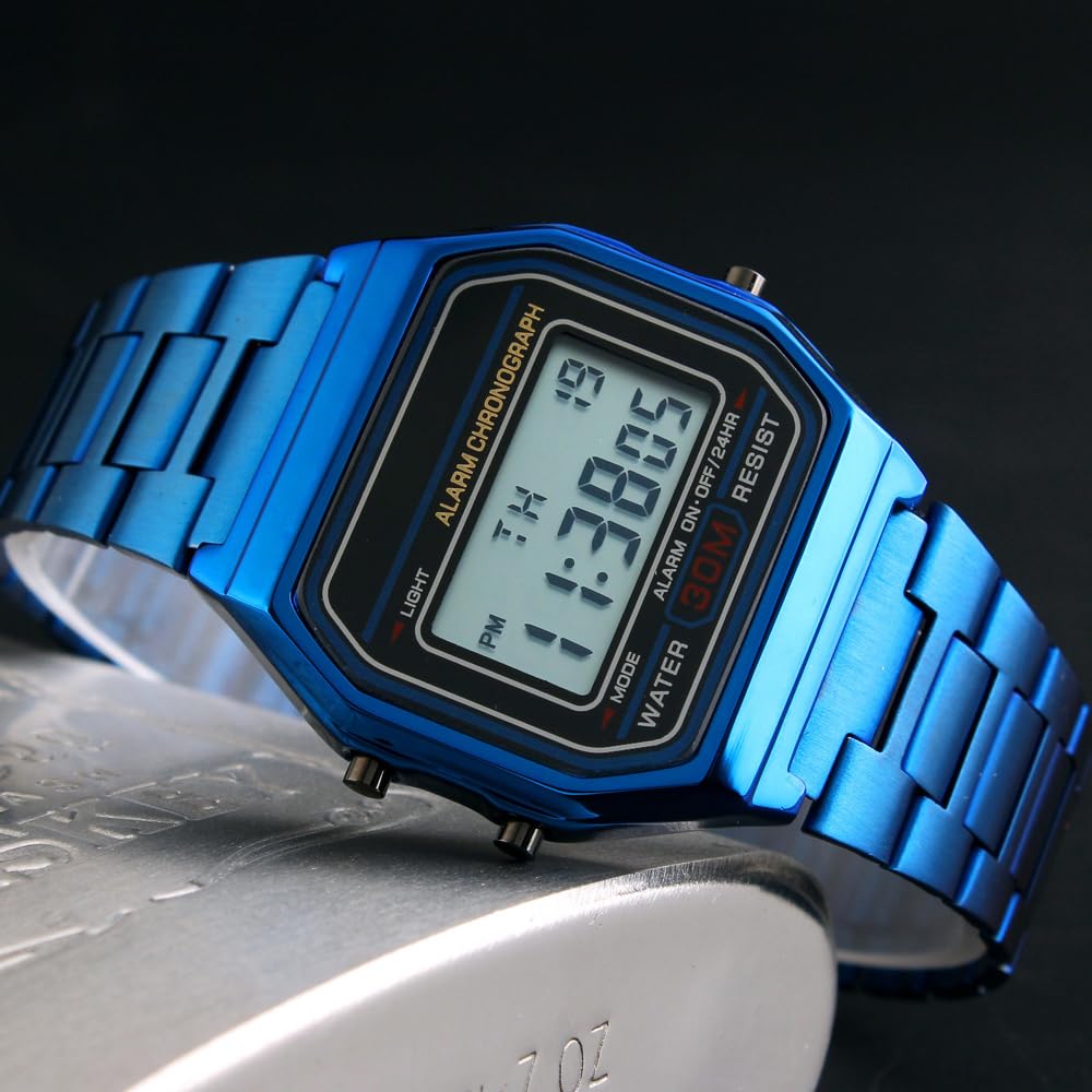 Classic Women's Digital Multifunction Sports Watch Stainless Steel Band Square Waterproof Electronic Led Watch