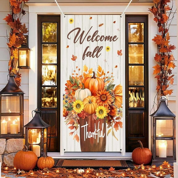 Welcome Fall Door Cover, Thanksgiving Door Banner Autumn Pumpkin Porch Sign Backdrop Decorations for Home Fall Door Decorations Thanksgiving Party Decor Indoor Outdoor Supplies 35.4 x 70.8 Inches