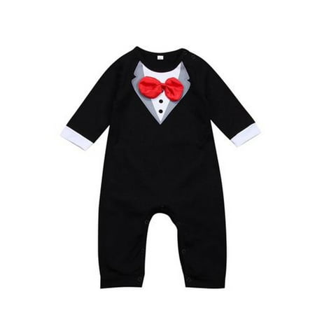 

Baby Boys Gentleman Style Front Bow Long Sleeve Button Closure Romper