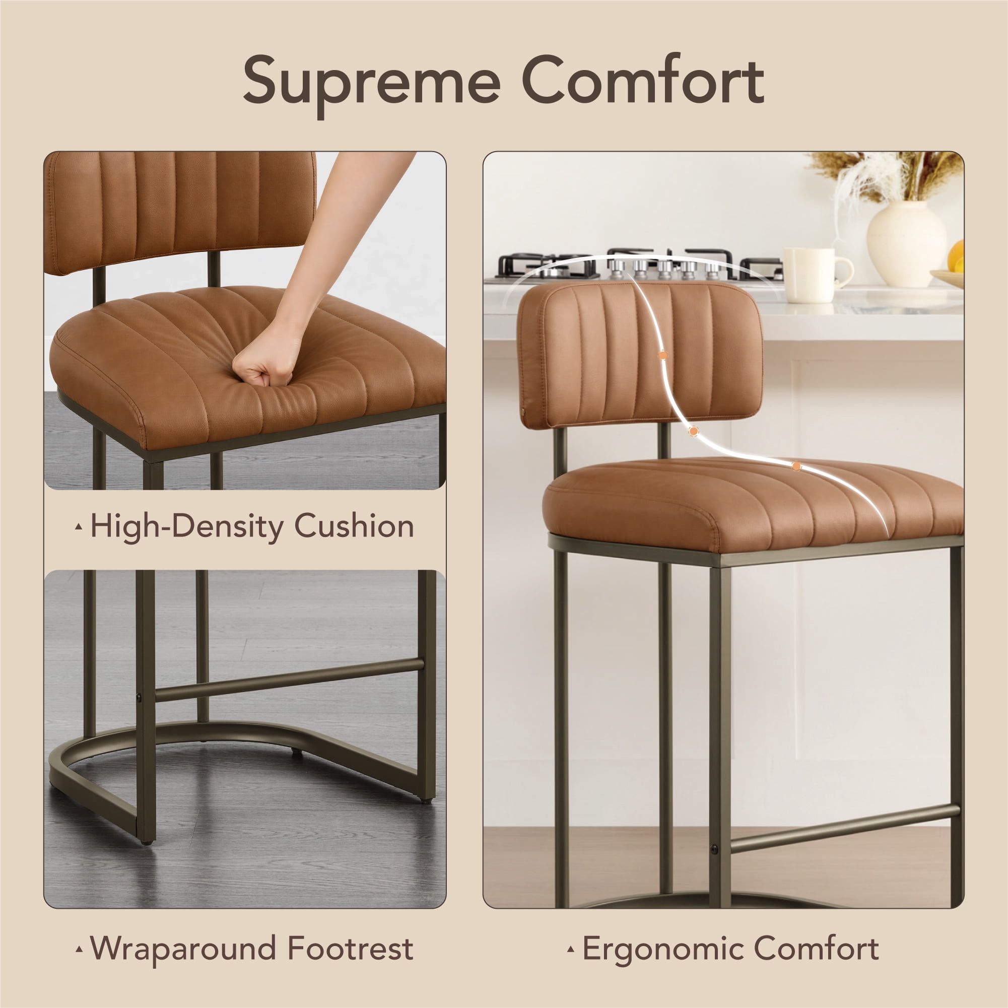 Spruce & Spring 26" Fixed Counter Height  Bar Stools Set of 3, Upholstered Counter Chairs with Curved Back & Channel Tufting, Metal Base for Kitchen Island & Home Bar, Brown Faux Leather
