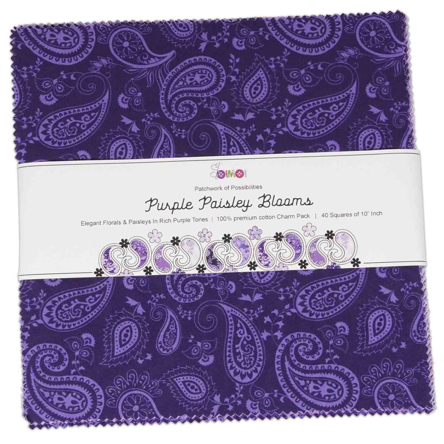 40 Pcs Cotton Bundles Charm Packs for Quilting, DIY Fabric Bundle Square, Fat Quarter Layer Cake, Fabric Scraps for Crafts, Precuts Quilt Squares 10 x 10 inches - Purple Paisley Blooms