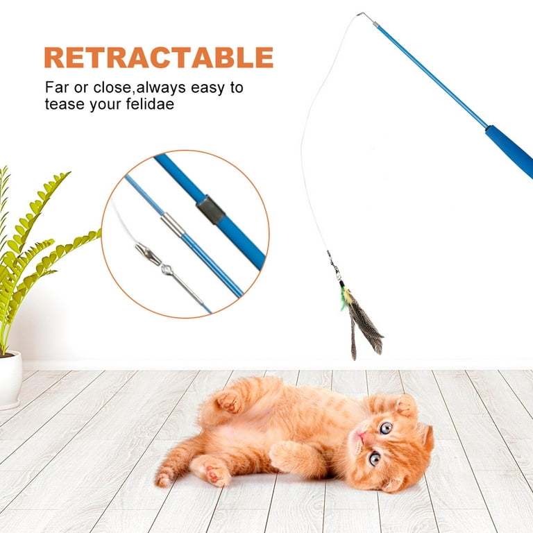 Odomy Cat Toys Interactive Cat Feather Wand, Kitten Toys Retractable Cat Wand Toy 12pcs Natural Feather Teaser Replacements Telescopic Cat Fishing