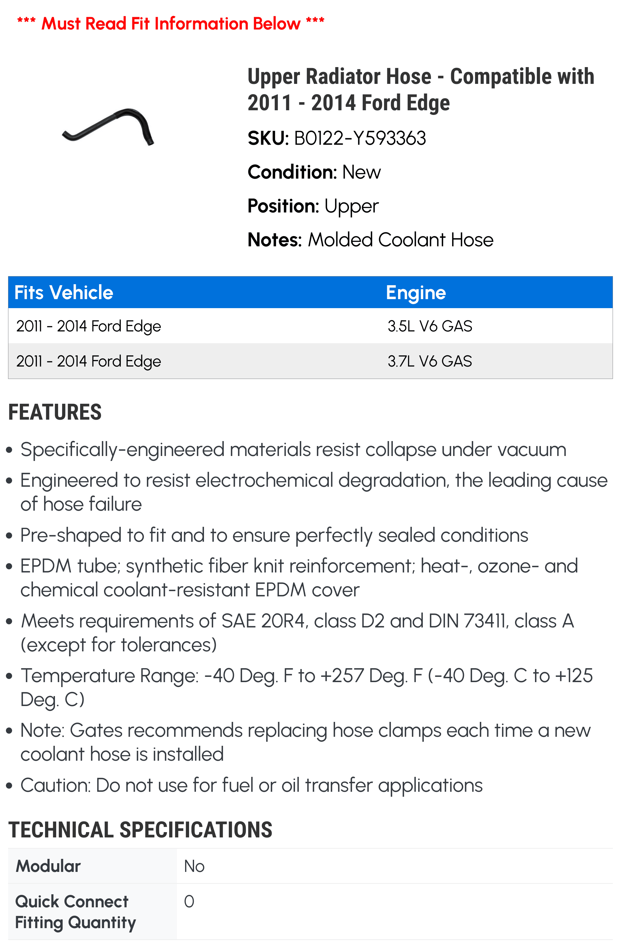 Upper Radiator Hose - Compatible with 2011 - 2014 Ford Edge 2012 2013
