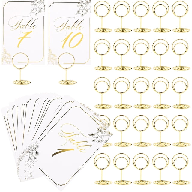 Table Number Place Card Holder - with Table Numbers Holders x Double Sided Gold Printed Design Photo Picture Holders for Centerpieces Wedding Party Birthday (Gold)