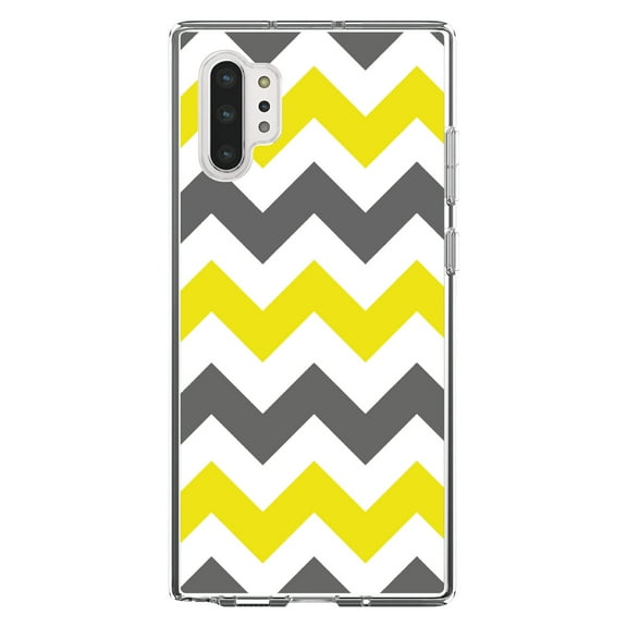 DistinctInk Clear Shockproof Hybrid Case for Galaxy Note 10 PLUS (6.8" Screen) - TPU Bumper, Acrylic Back, Tempered Glass Screen Protector - Grey Yellow Stripes - Stripes Pattern