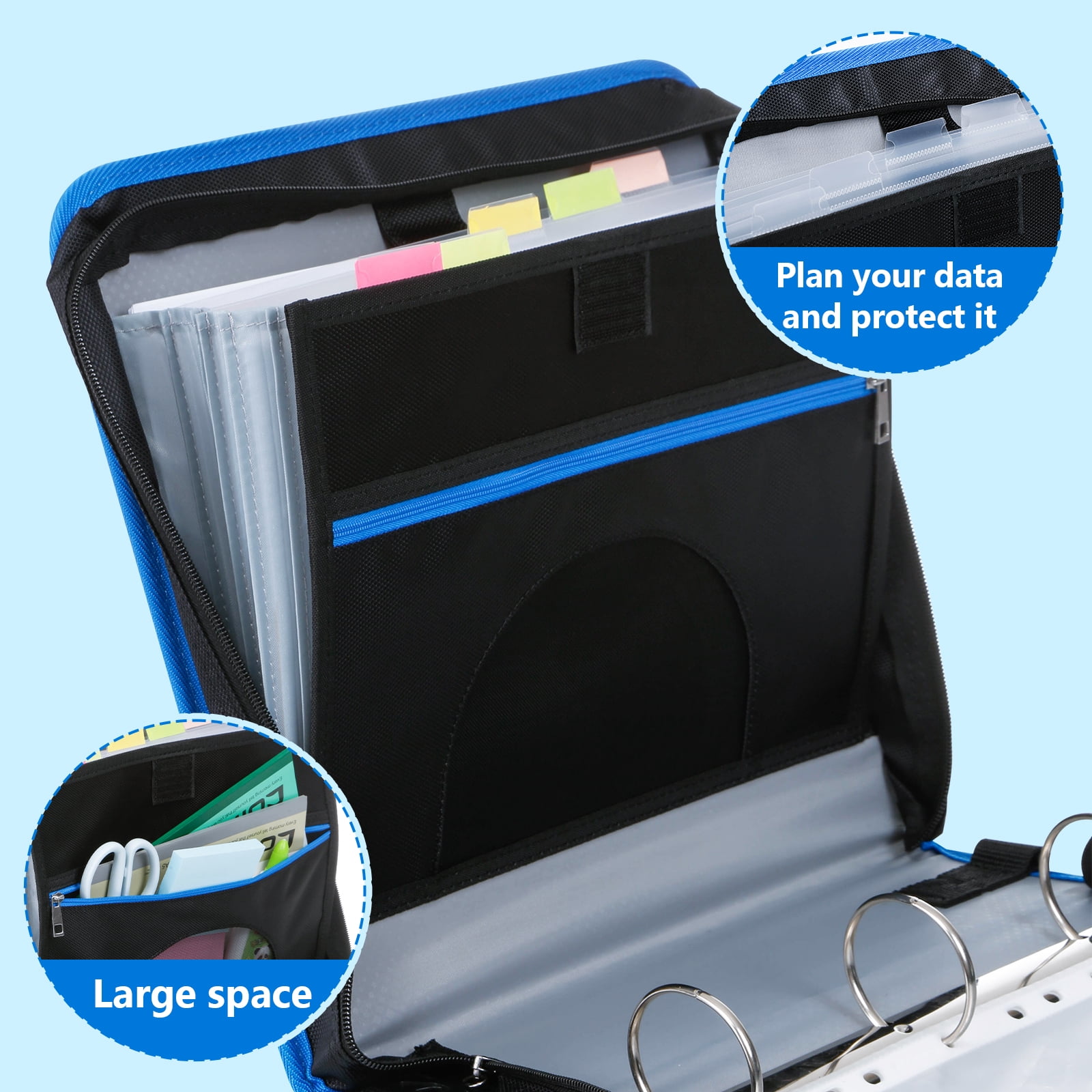 ViVin Zipper Binder 2 Inch O-Ring 450 Sheet Capacity, Multiple Tab and Zip Pockets, Office Supplies,Blue