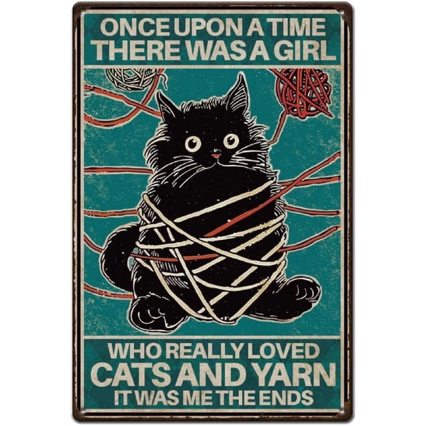 Letrero de hojalata de gato e hilo, letreros de hojalata de gato negro, letrero de metal divertido vintage, placa retro para cueva de hombre, arte de pared de hierro, póster, letrero de aluminio de