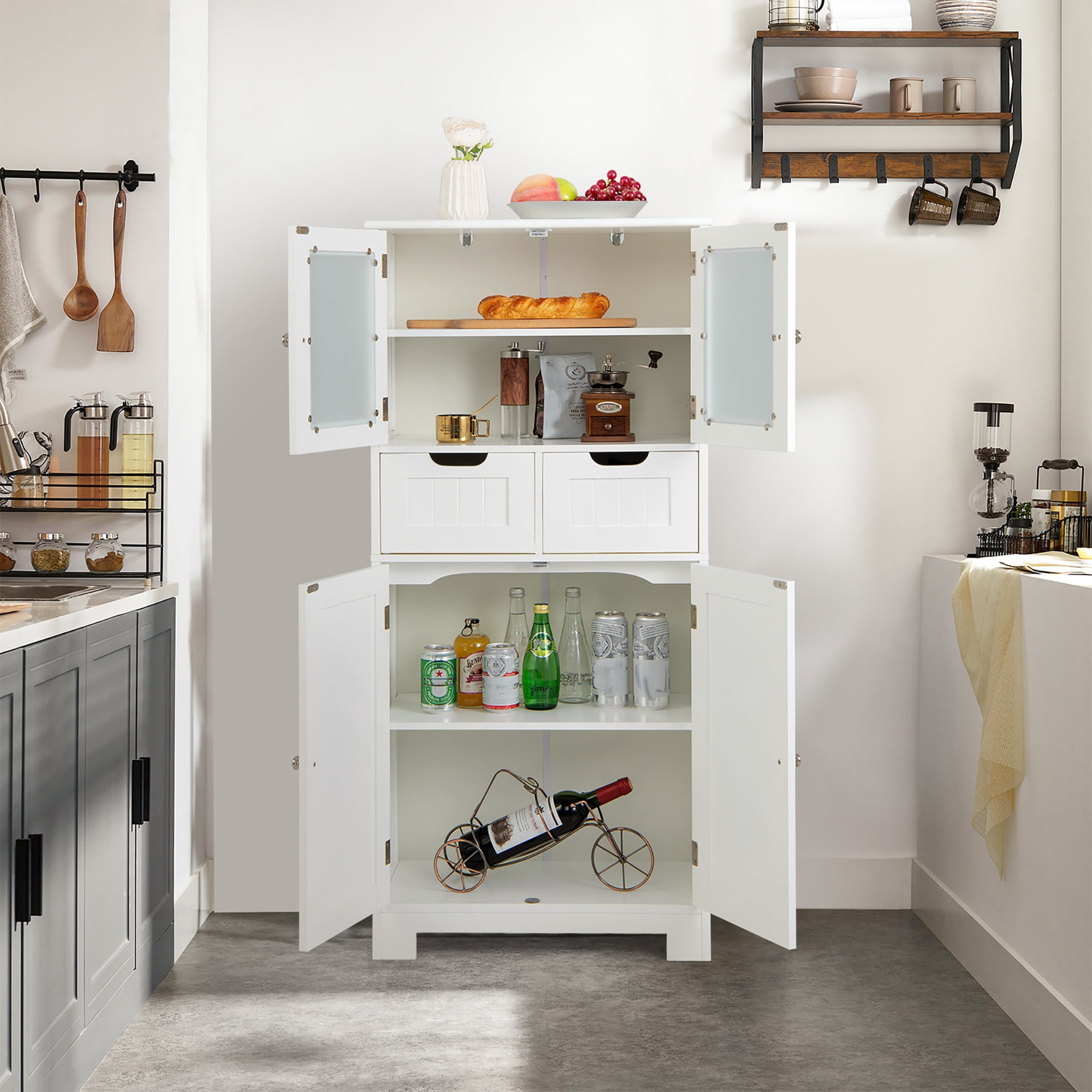 Costway Bathroom Floor Storage Cabinet Kitchen Cupboard with 2 Drawers & Glass Doors White