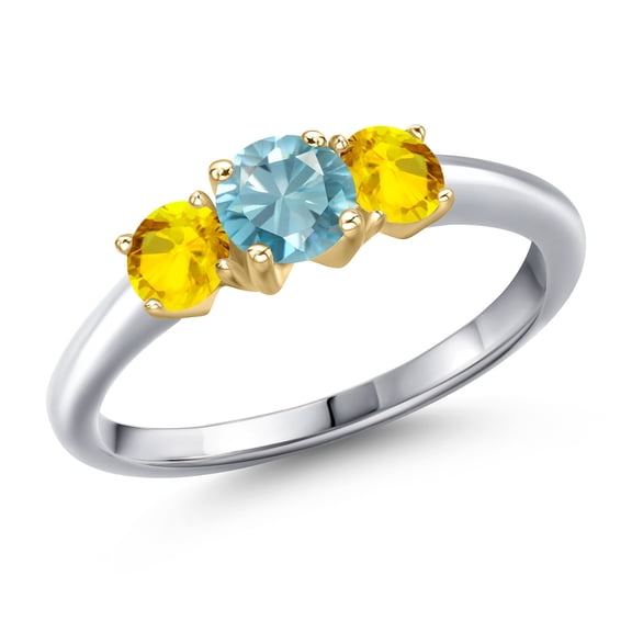 Gem Stone King 10K Two Tone Gold Blue Zircon and Yellow Sapphire Engagement Ring for Women | 1.57 Cttw | Round 5MM | Gemstone Birthstone | Size 9