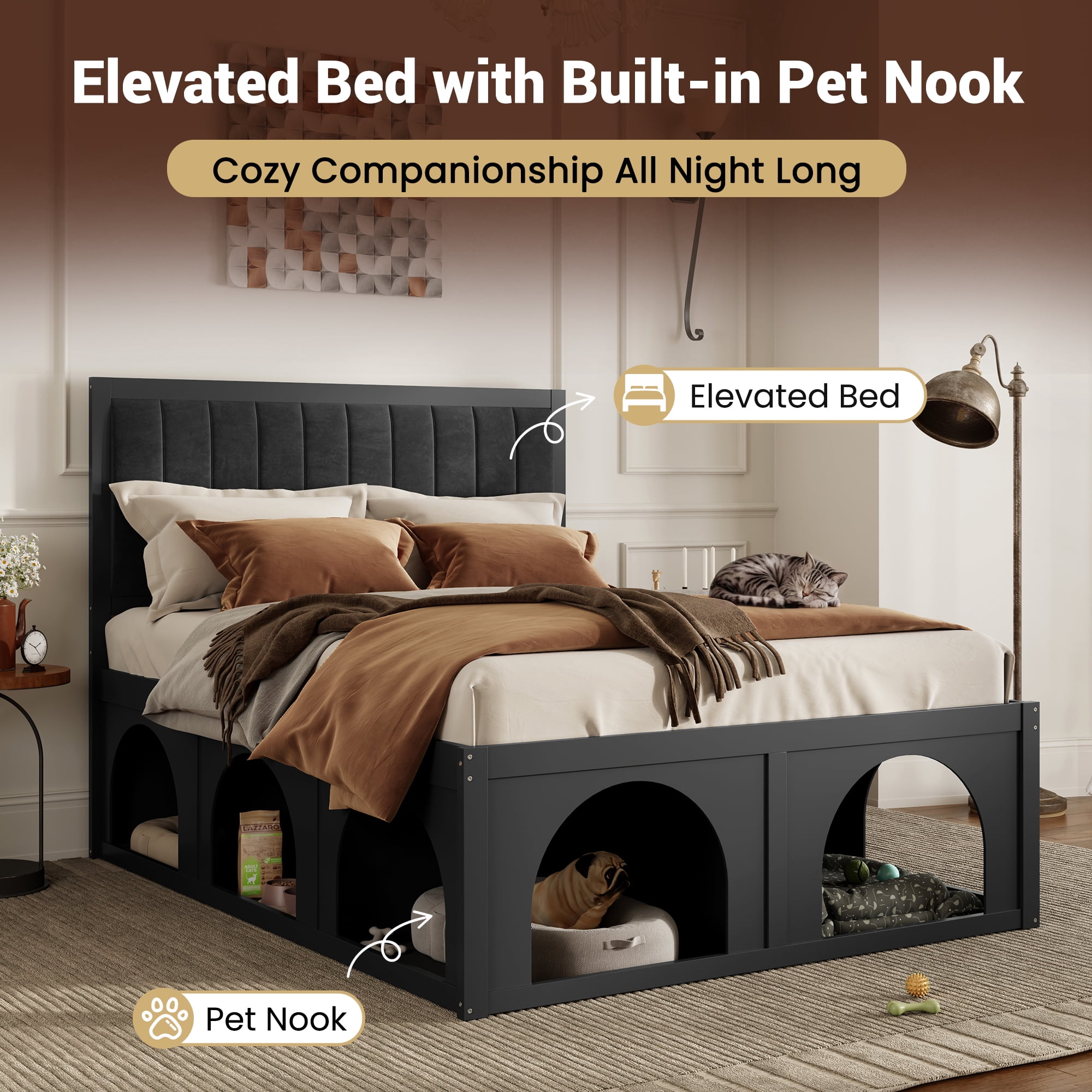 Mintazer Queen Size Upholstered Platform Bed Frame with Under‑Bed Pet Nook, Channel Tufted Headboard Bed for Bedroom, Light Grey