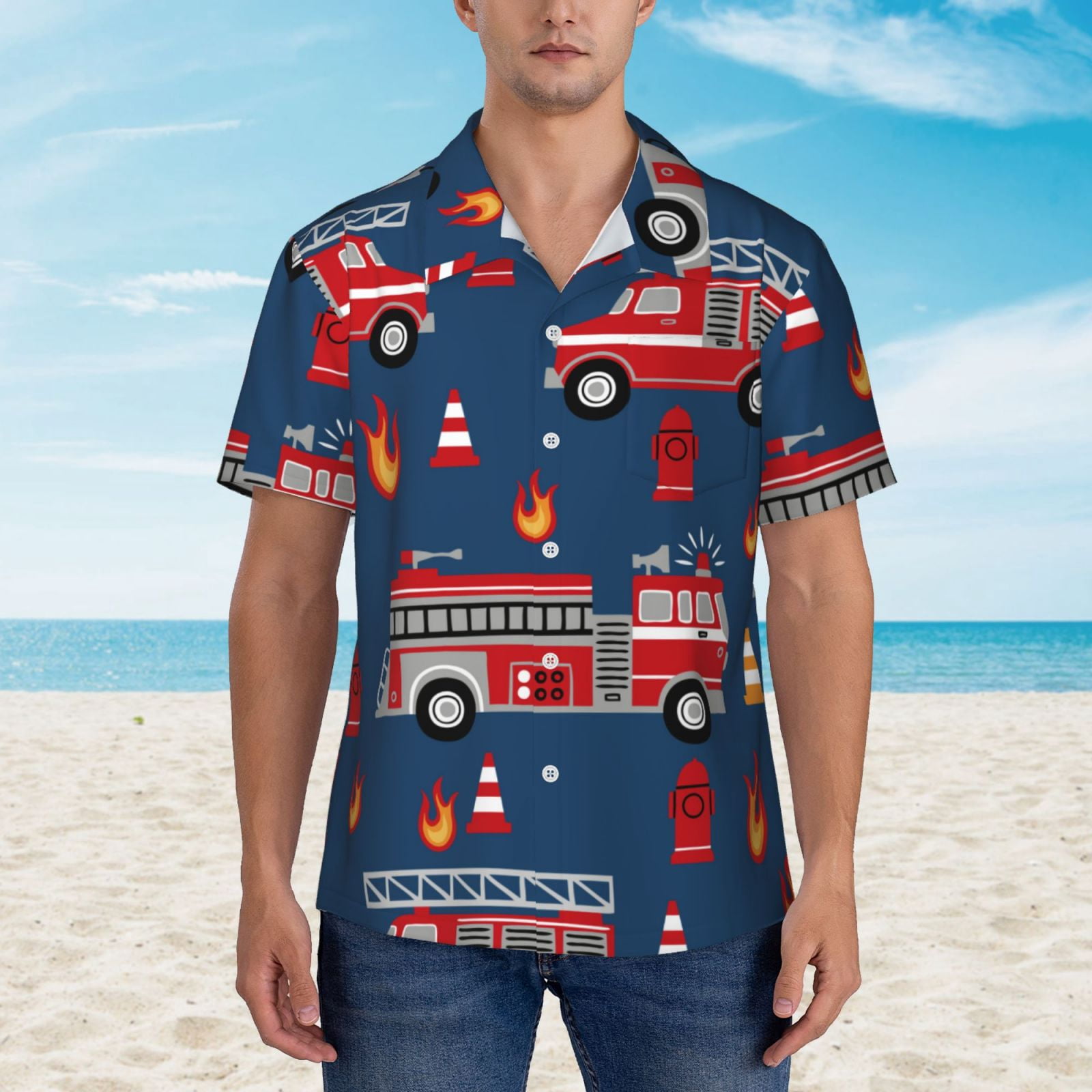 Logiee Fire Truck 1 Print Mens Hawaiian Shirts,Loose-Fit Short Sleeve Button Down Tropical Aloha Beach Shirt,Summer Vacation Wedding Tops,3X-Large