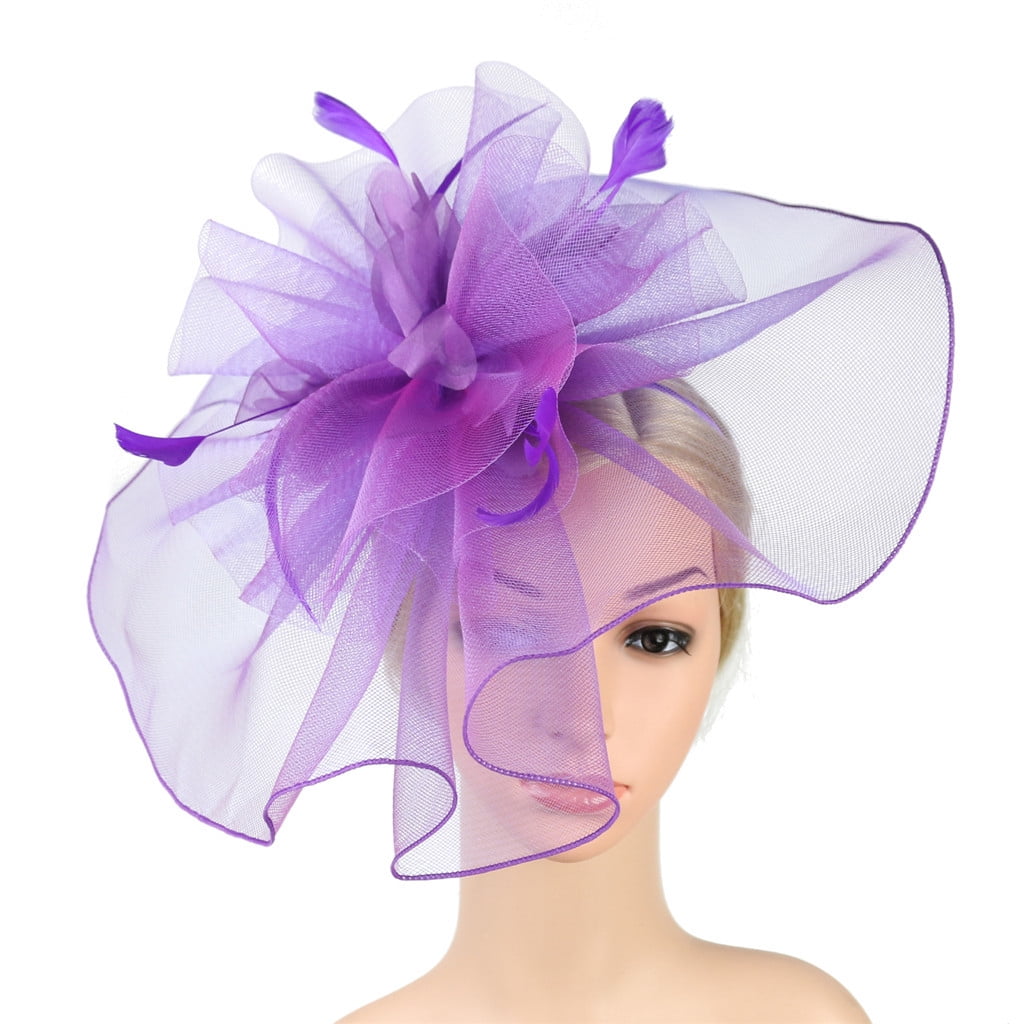 kentucky derby hat fascinator purple violet metallic flower with matching lavender sparkle leaves and lavender fuchsia pink feathers