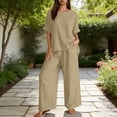 thumbnail image 5 of Costeam Womens Short Sleeve Two Piece Linen Cotton Outfit Solid V Neck Top Drawstring Wide Leg Pants Side Pocket High Waist Loose Casual Matching Set Tracksuit, 5 of 7
