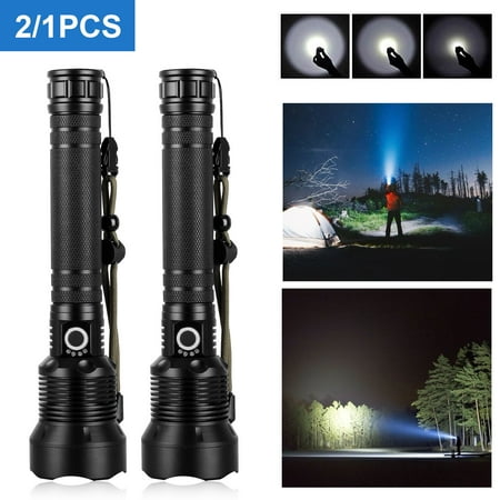 2/1Pcs Tactical Flashlight, USB Rechargeable High Power CREE XHP70 Super Bright Waterproof Zoomable Torch (Battery Included), High Lumens, Power Display, 3 Light Modes for Outdoor Camping, Emergency