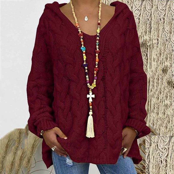 Aboser Womens Sweaters Fall 2024 Oversized Pullover Sweater Chunky Cable Knit Hoodie Loose V Neck Knitwear Casual Solid Red Sweater