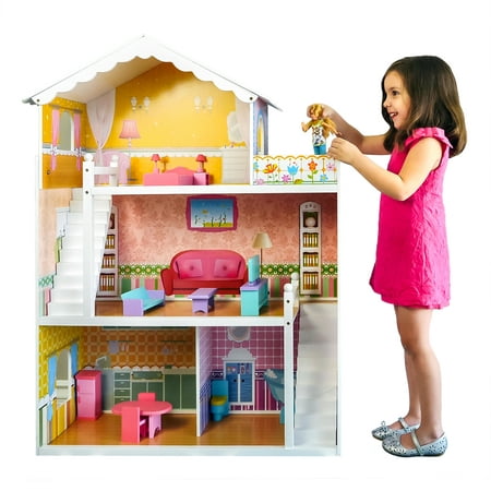 Best Choice Products Large Childrens Wooden Dollhouse Fits Barbie Doll House Pink w/ 17 Pieces of (Best Barbie Doll House)