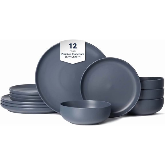 HOWEN 12-Piece Matte Blue Dinnerware Set,Stoneware Dinnerware for 4, Microwave & Dishwasher Safe, Stackable Design for Kitchen and Dining - Plates and Bowls
