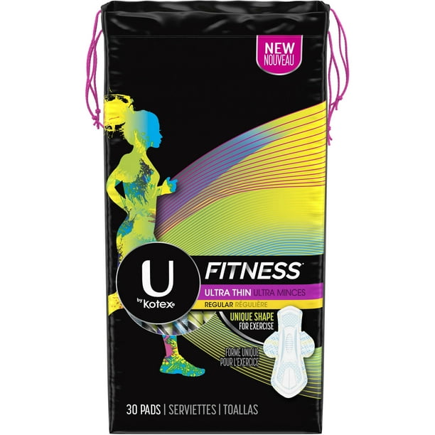 U by Kotex Fitness Ultra Thin, Regular Pads with Wings, Unscented, 30