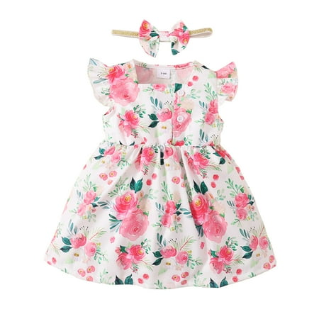 

KIMI BEAR Newborn Girls Dress 6 Months Newborn Girls Spring Summer Dress 9 Months Newborn Girls Square Neck Gentle Flower Prints Fly Sleeve Dress + Headband 2PCS Set White
