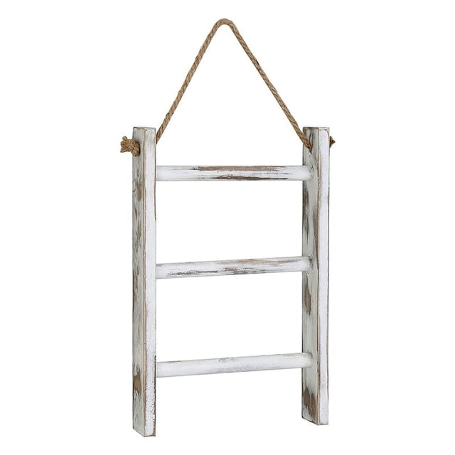 3-Tier Mini Whitewashed Wood Wall-Hanging Hand Towel Storage Ladder with Rope,1 * Towel storage rack (Customers need to assemble themselves)