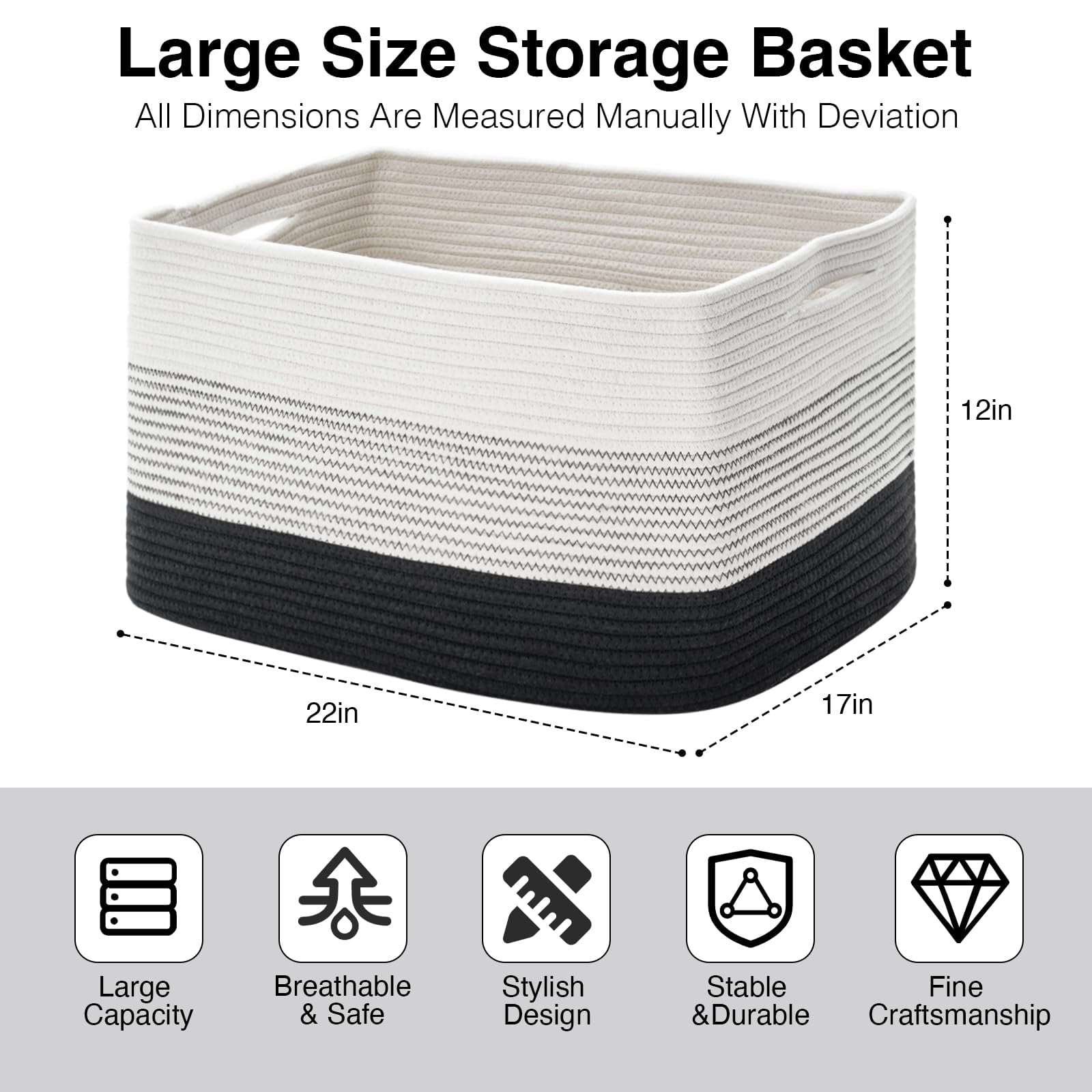 75L Large Blanket Basket（25"x16"）,Large Blanket Basket for Organizing, Dog Toy Bin,baby laundry basket,Cotton Rope Blanket Basket for Living Room, Laundry, Nursery, Pillows,Gradient Black