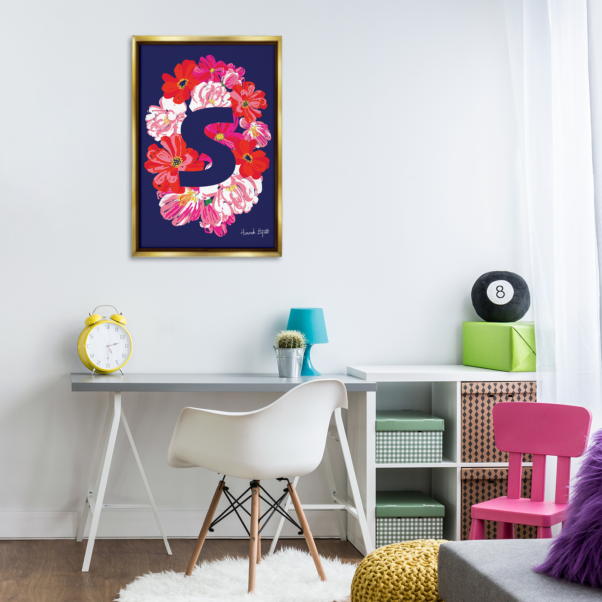 Stupell Industries Floral Bloom Letter S Botanical & Floral Painting Gold Floater Framed Art Print Wall Art, 21 x 31