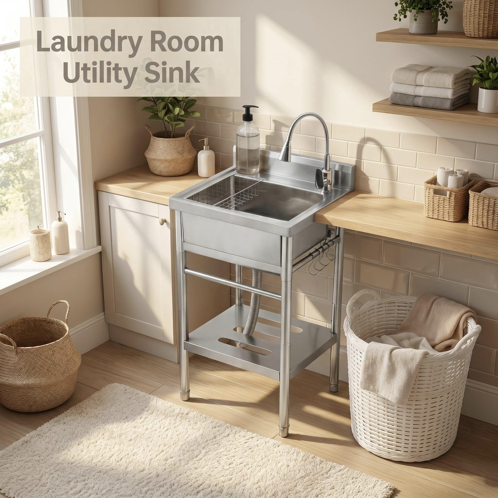 Kicctian Stainless Steel Utility Sink, 22'' × 20'' × 39'' Freestanding Stainless Steel Single Bowl Laundry Sink with swivel horn style faucets for Kitchen, Bathroom, Garage or Basement